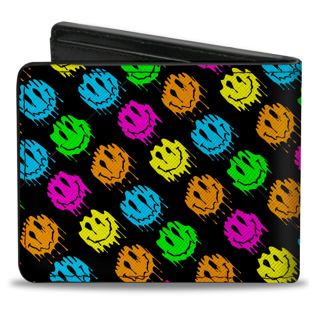 Bi-Fold Wallet - Smiley Faces Melted Mini Repeat Angle Black Multi Neon