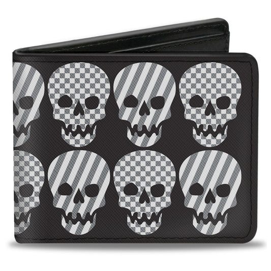 Bi-Fold Wallet - Checker & Stripe Skulls Black White Gray