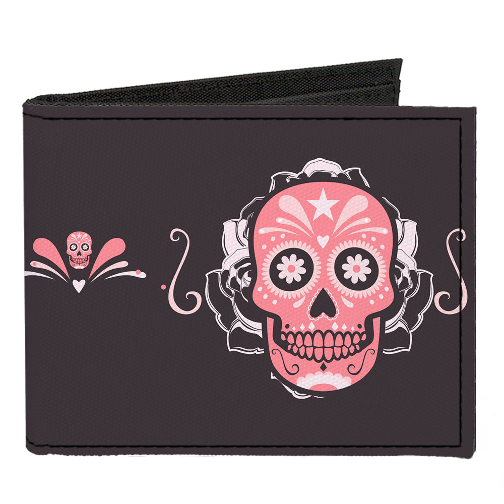 Canvas Bi-Fold Wallet - Sugar Skulls Gray Pink