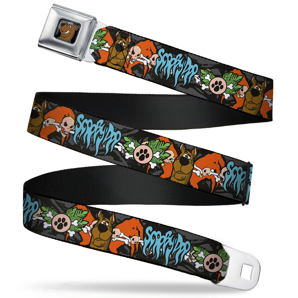 Scooby Doo Face Full Color Black Seatbelt Belt - SCOOBY DOO Face/Paw & Crossbones Gray/Black/Orange/Blue Webbing