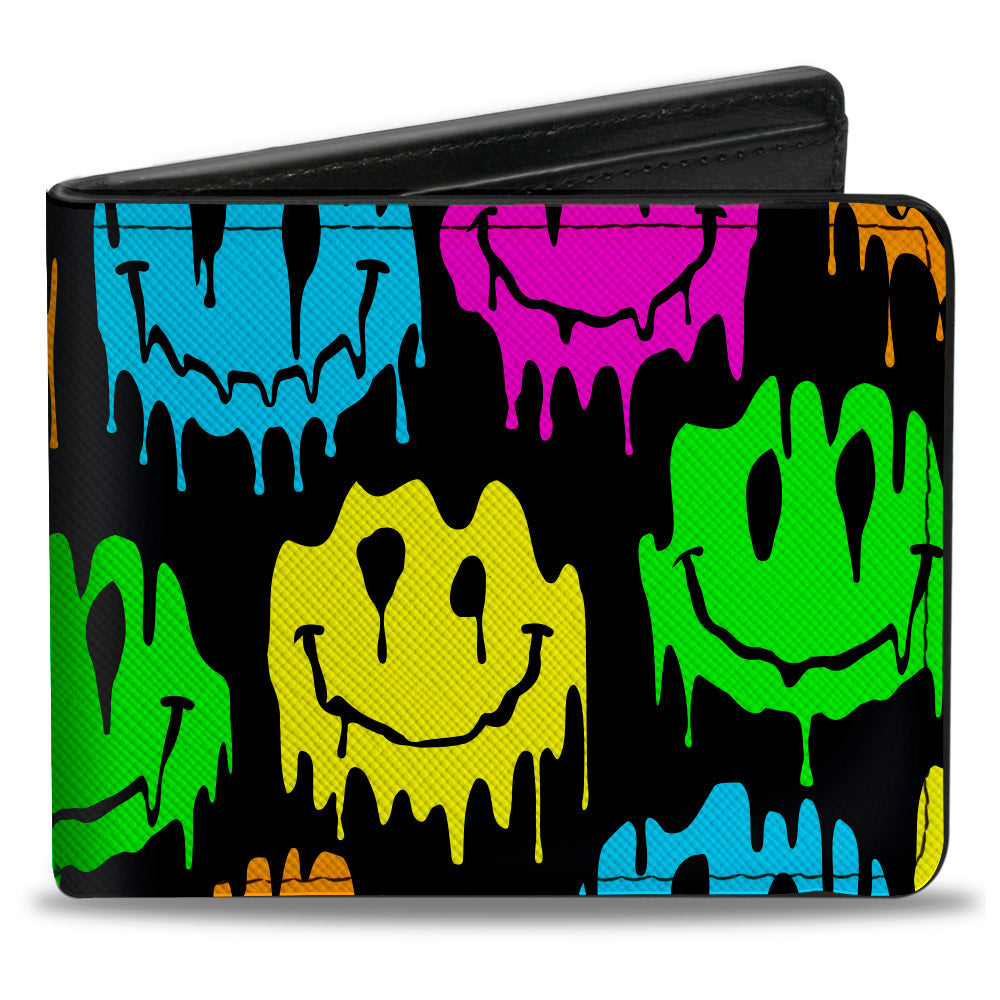 Bi-Fold Wallet - Smiley Face Melted Repeat Black Multi Neon