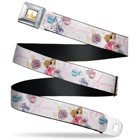 Disney Princess Crown Full Color Golds Seatbelt Belt - Sleeping Beauty Aurora Castle and Fairy Godmothers Pose with Script and Flowers White/Pinks Webbing