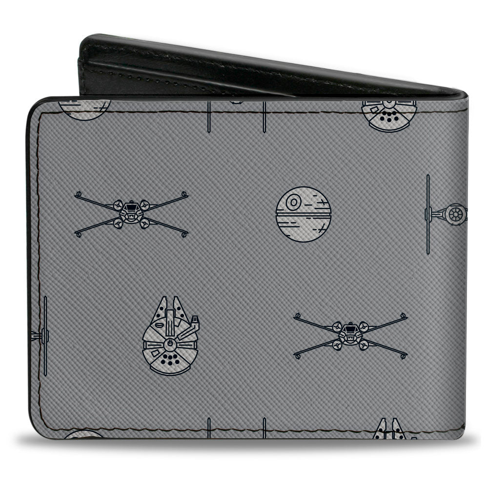 Bi-Fold Wallet - Star Wars Death Star and Rebels Vehicles Cartoon Collage Gray