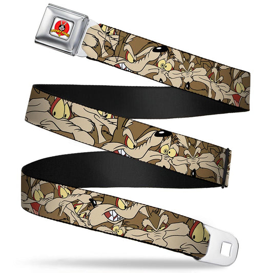 Looney Tunes Logo Full Color White Seatbelt Belt - Wile E. Coyote Expressions Stacked Webbing