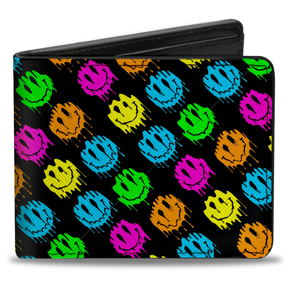 Bi-Fold Wallet - Smiley Faces Melted Mini Repeat Angle Black Multi Neon