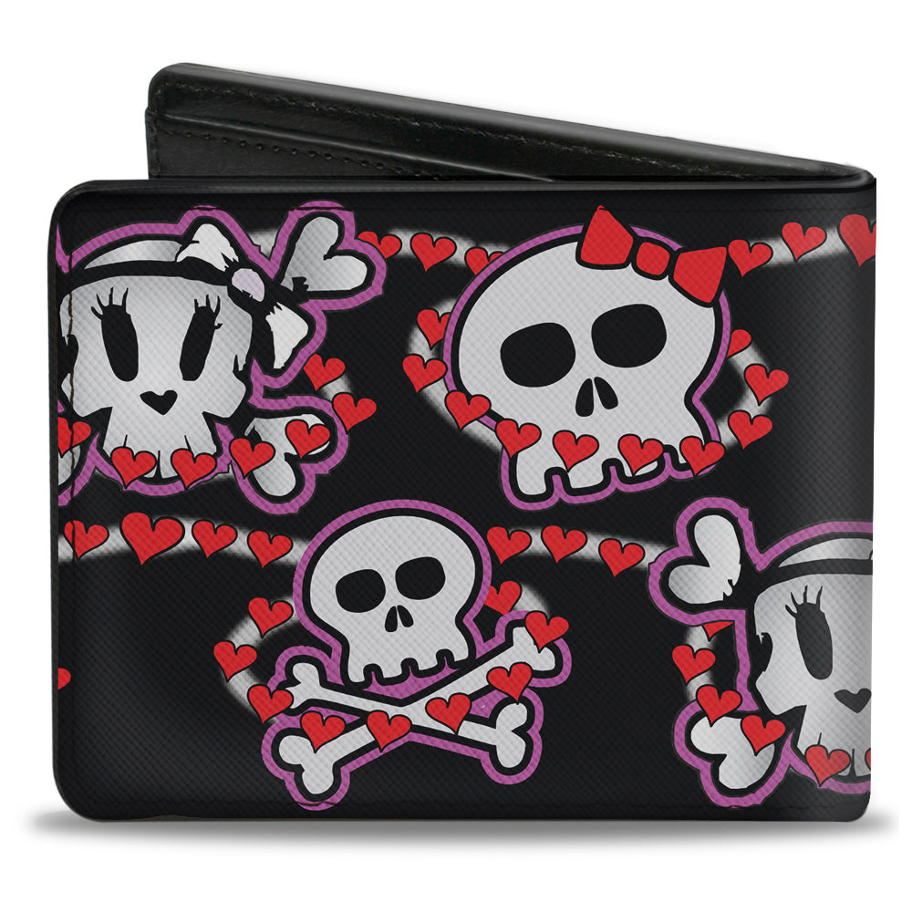 Bi-Fold Wallet - Cute Skulls w Hearts