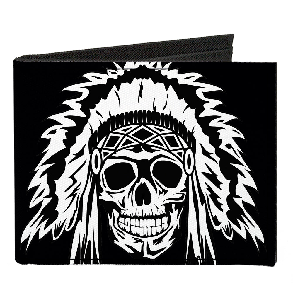 Canvas Bi-Fold Wallet - Native American Skull Black White