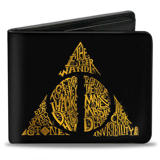 Bi-Fold Wallet - The Deathly Hallows WAND STONE CLOAK MASTER OF DEATH Symbol Black Gold