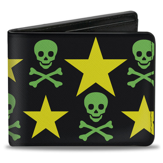 Bi-Fold Wallet - Skulls & Stars Black Green Yellow