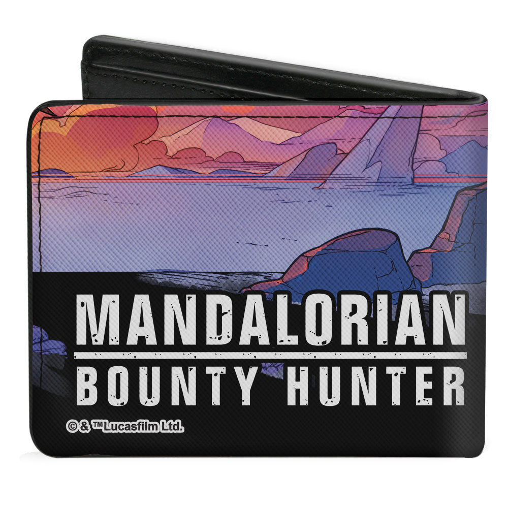 Bi-Fold Wallet - Star Wars The Mandalorian Helmet Scene Reflections + MANDALORIAN BOUNTY HUNTER Logo Full Color Black White