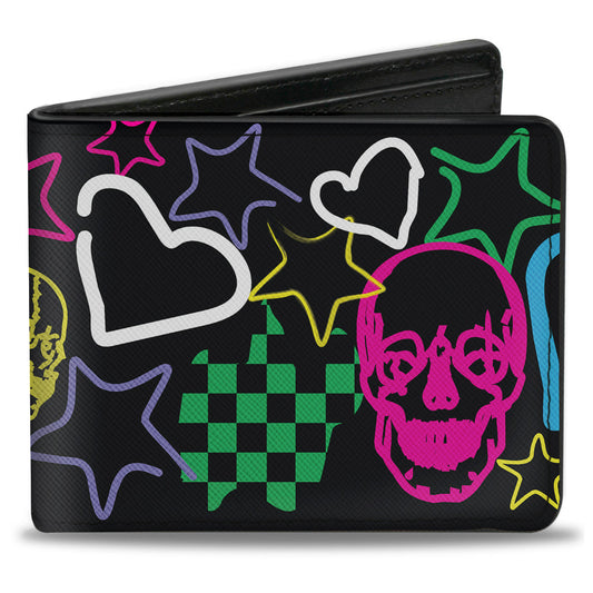 Bi-Fold Wallet - Sketch Skull Star Heart Checker Black Multi Color