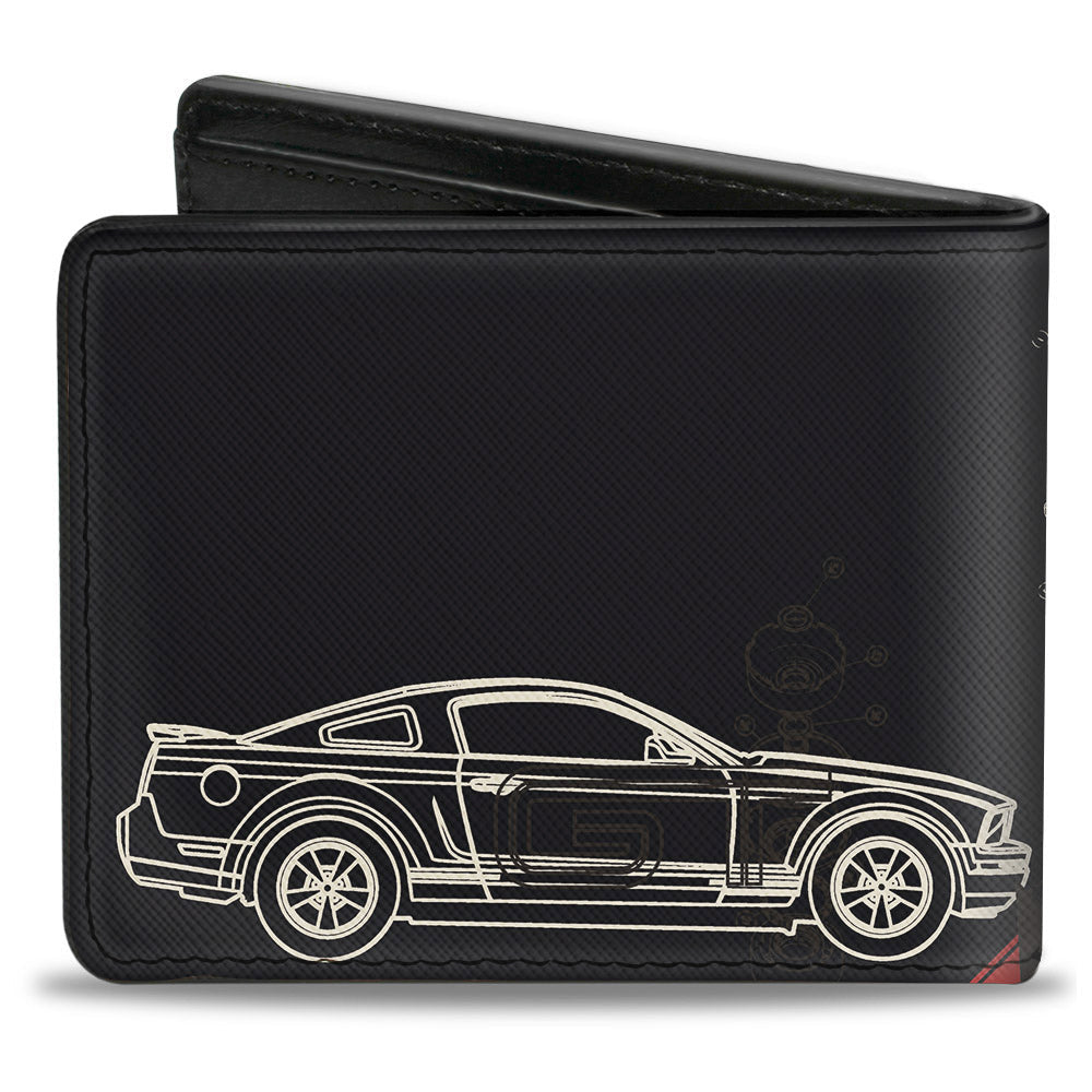 Bi-Fold Wallet - Mustang Tri-Bar Logo Diagonal Stripe Blueprint Black Red White Blue