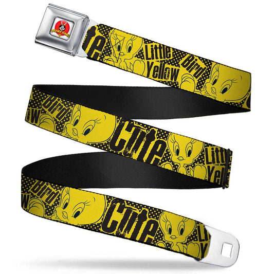 Looney Tunes Logo Full Color White Seatbelt Belt - Tweety Bird Poses CUTE LITTLE YELLOW BIRD Yellow/Black Webbing