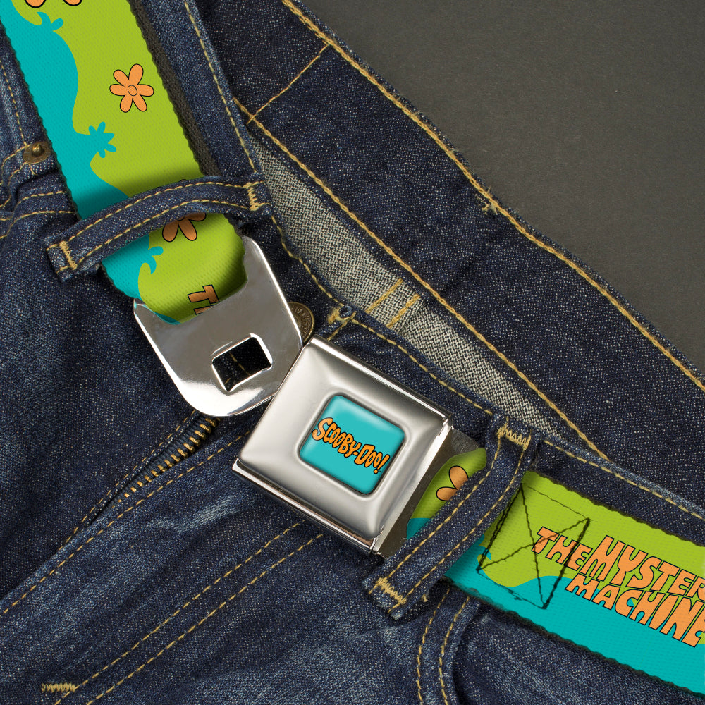 SCOOBY DOO! Text Logo Full Color Aqua/Orange Seatbelt Belt - Scooby Doo THE MYSTERY MACHINE Paint Job Green/Aqua/Orange Webbing