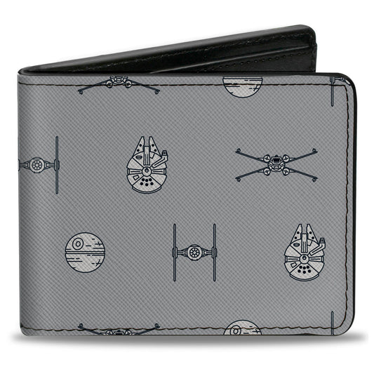 Bi-Fold Wallet - Star Wars Death Star and Rebels Vehicles Cartoon Collage Gray