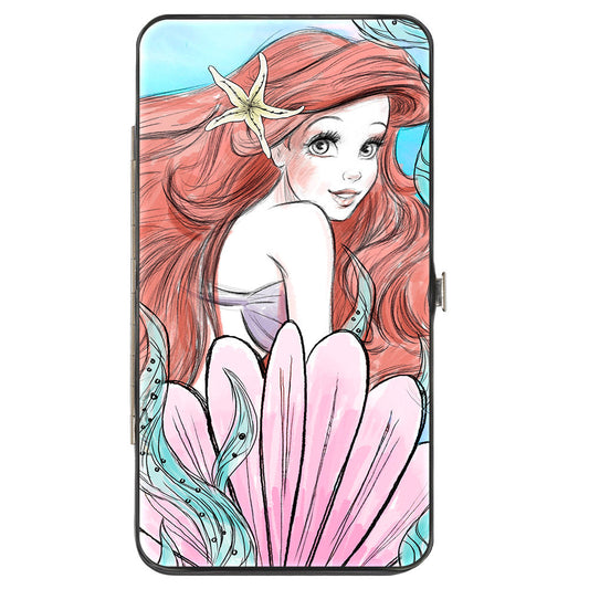 Hinged Wallet - The Little Mermaid Ariel Over Shoulder Sketch Pose + Tail Shells Kelp Blues Pinks