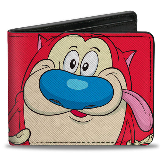 Bi-Fold Wallet - The Ren & Stimpy Show Stimpy Face CLOSE-UP + Logo Red