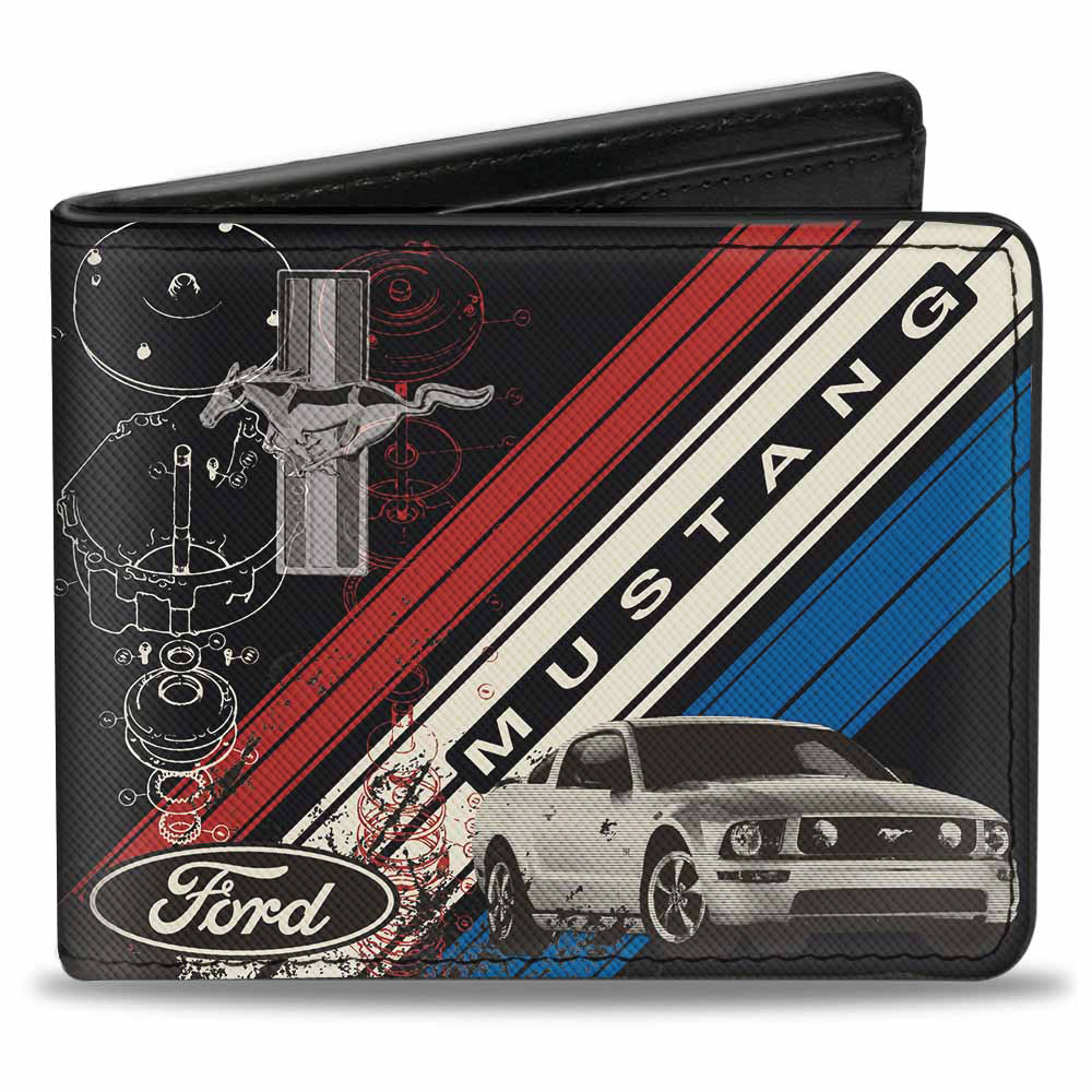 Bi-Fold Wallet - Mustang Tri-Bar Logo Diagonal Stripe Blueprint Black Red White Blue