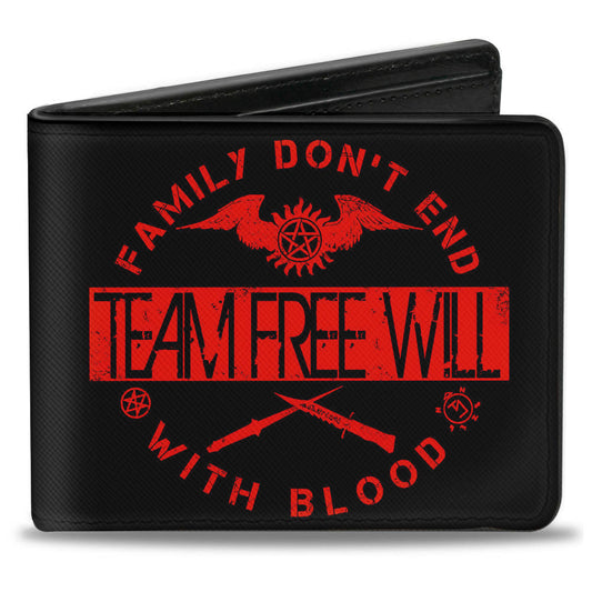 Bi-Fold Wallet - Supernatural TEAM FREE WILL-FAMILY DON'T END WITH BLOOD Black Red