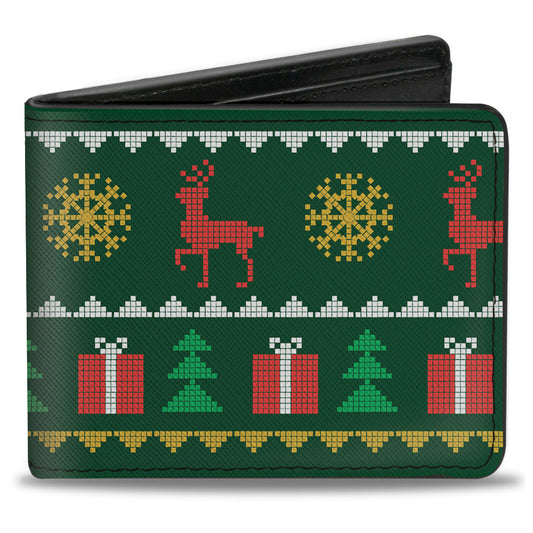 Bi-Fold Wallet - Christmas Sweater Stitch Green White Gold Red