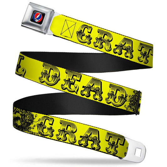 Steal Your Face Seatbelt Belt - Grateful Dead Text w/Skull & Roses Yellow Webbing