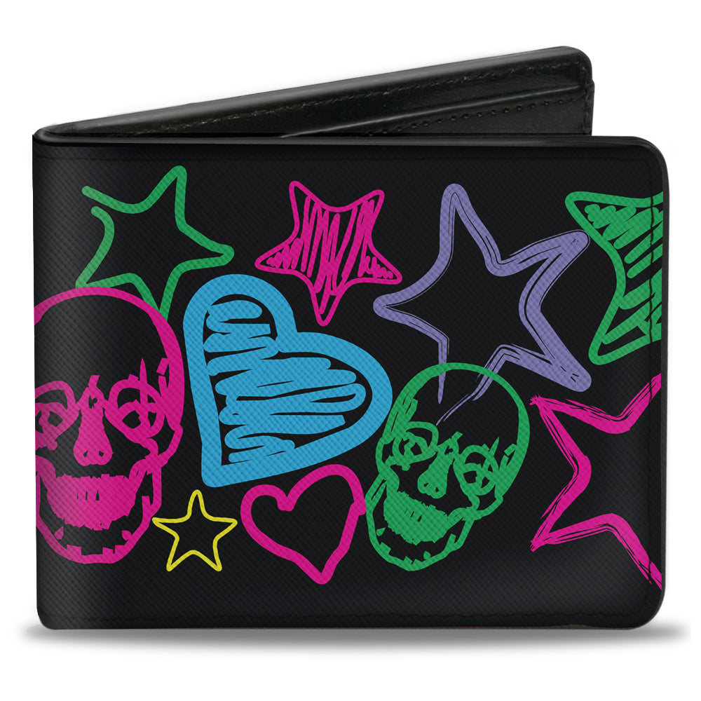 Bi-Fold Wallet - Sketch Skull Star Heart White Multi Color