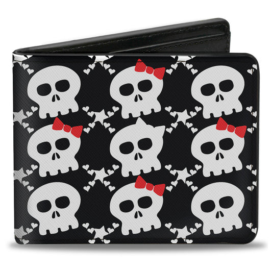 Bi-Fold Wallet - Skull w Bow Black White Red