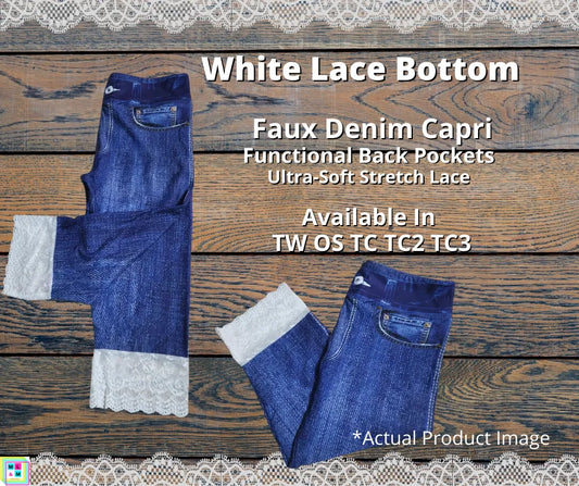 Faux Denim Capris w/ White Lace