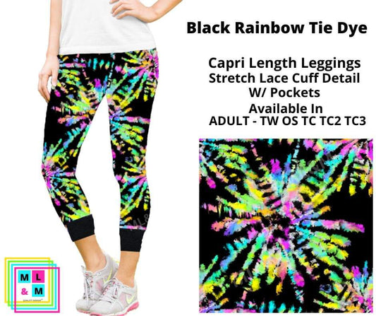 Black Rainbow Tie Dye Lace Cuff Capris w/ Pockets