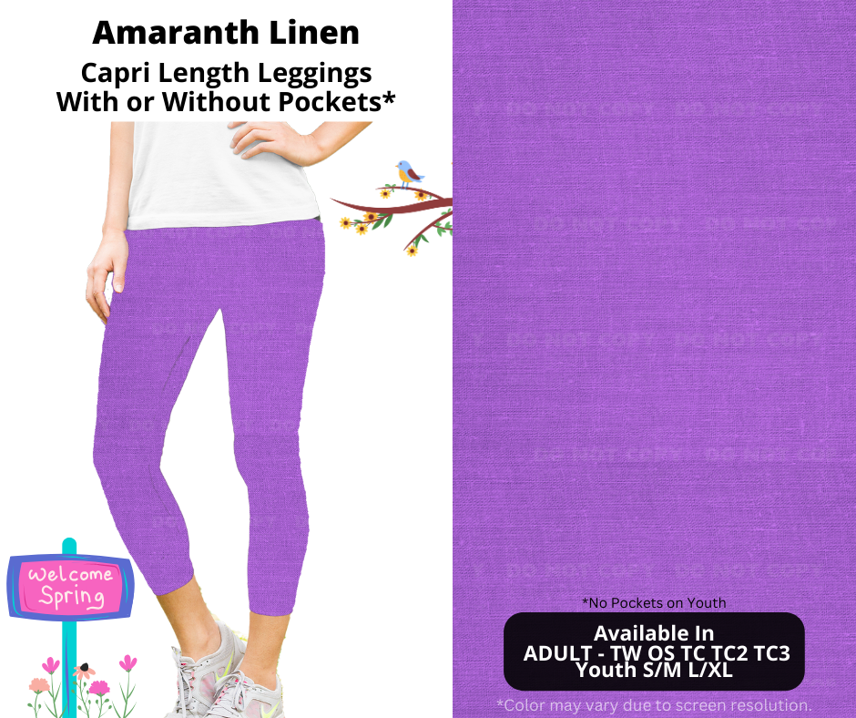 Preorder! Closes 1/8. ETA April. Amaranth Linen Capri Leggings w/wo Pockets