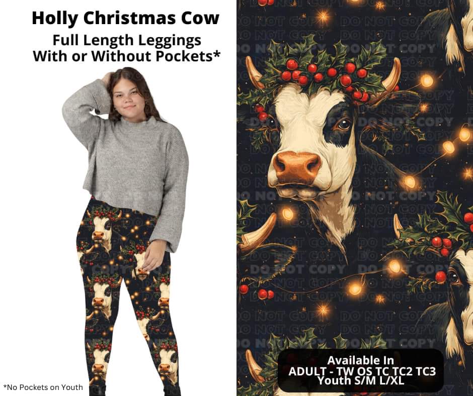 Holly Christmas Cow Full Length Leggings w/ Pockets