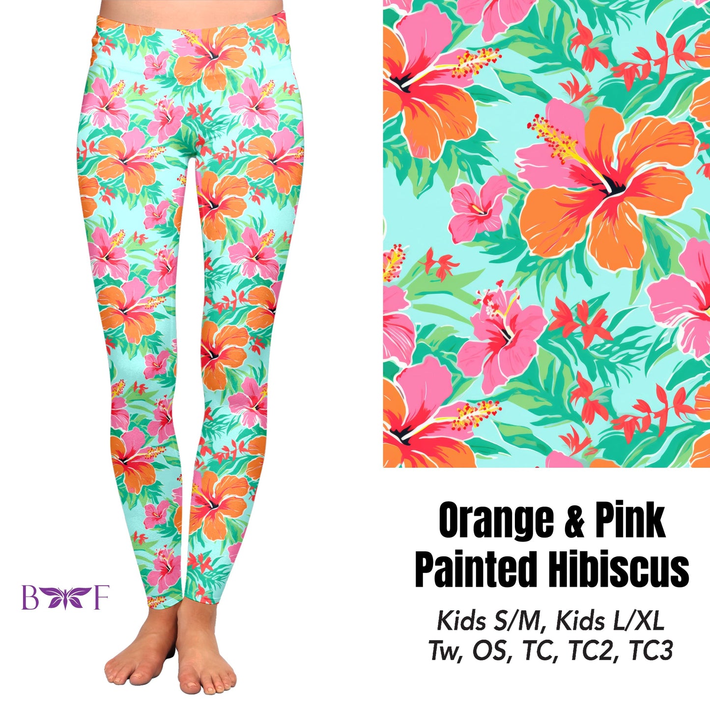 Orange and pink painted hibiscus capris, shorts and skorts with pockets