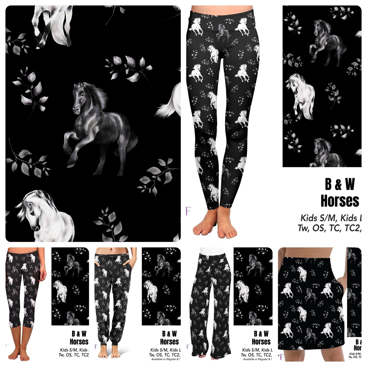 B&W horses leggings and capris with pockets