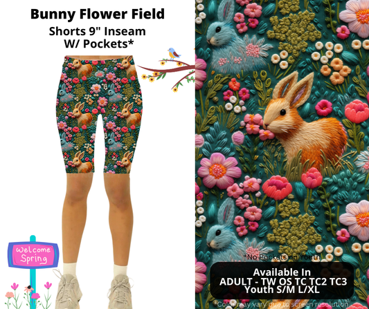 Preorder! Closes 1/27. ETA April. Bunny Flower Field 9" Inseam Shorts w/wo Pockets