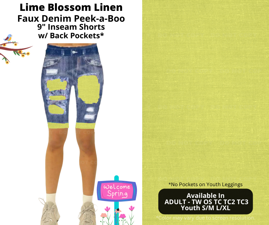 Preorder! Closes 1/13. ETA April. Lime Blossom Linen Faux Denim Peekaboo Jamaica Shorts