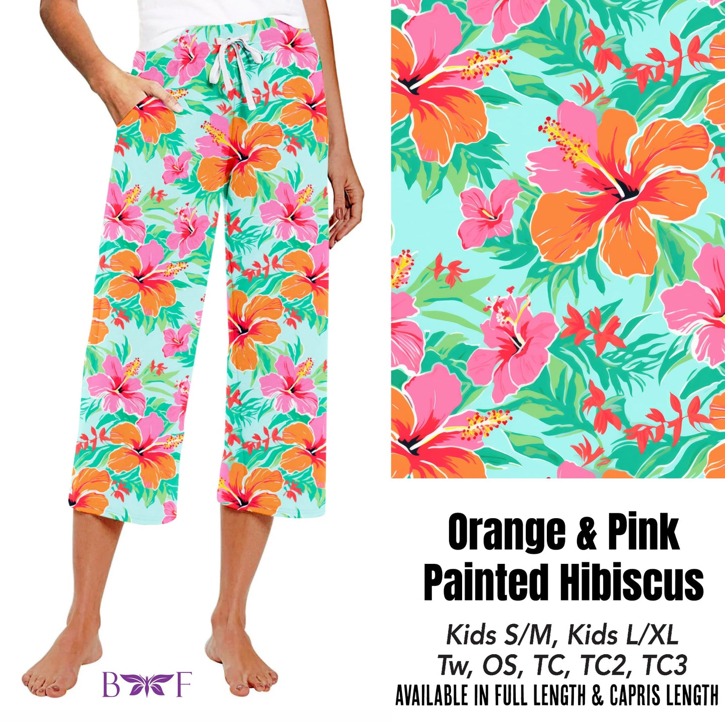 Orange and pink painted hibiscus capris, shorts and skorts with pockets