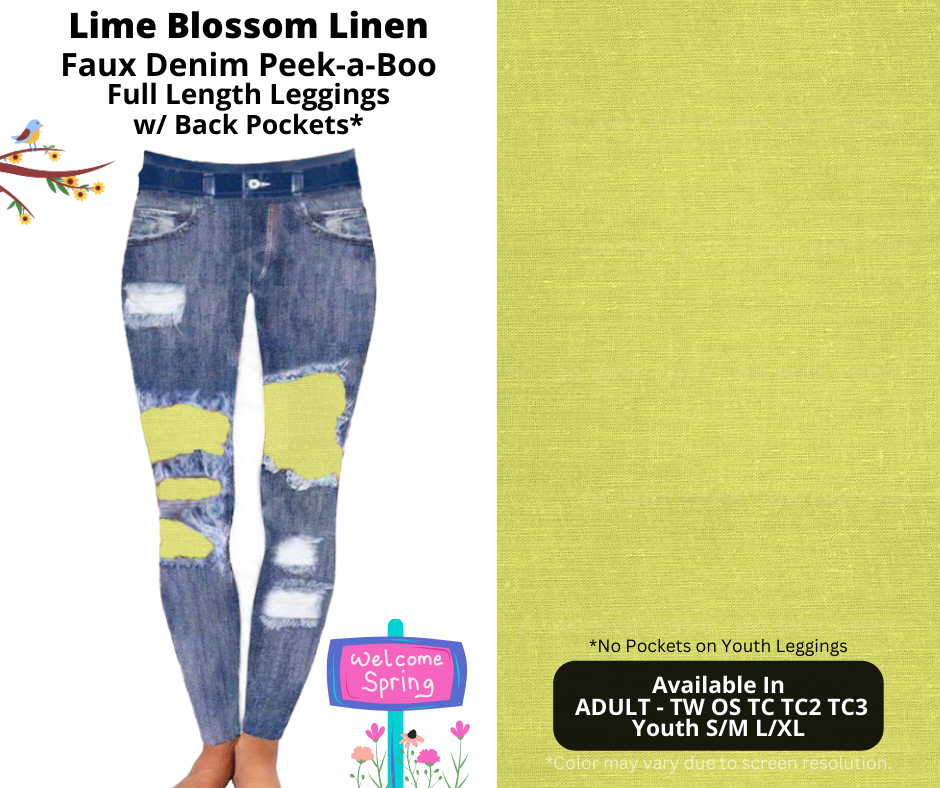 Preorder! Closes 1/13. ETA April. Lime Blossom Linen Full Length Faux Denim Peekaboo