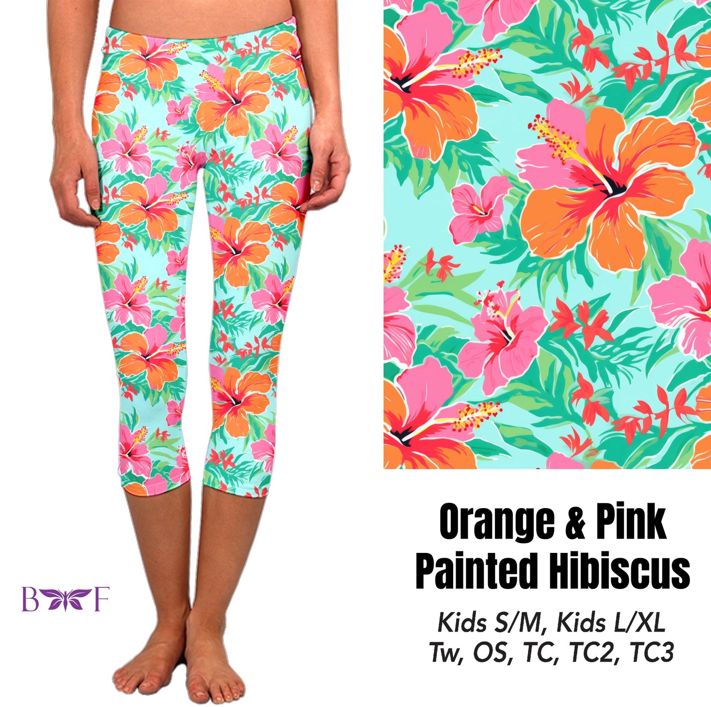 Orange and pink painted hibiscus capris, shorts and skorts with pockets