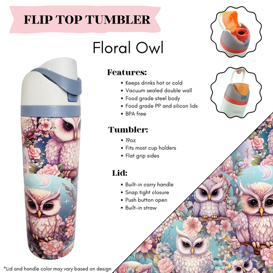 Floral Owl Flip Top Tumbler