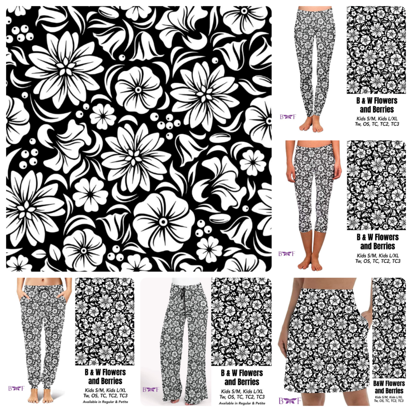 B&W Flowers and Berries leggings and capris with pockets