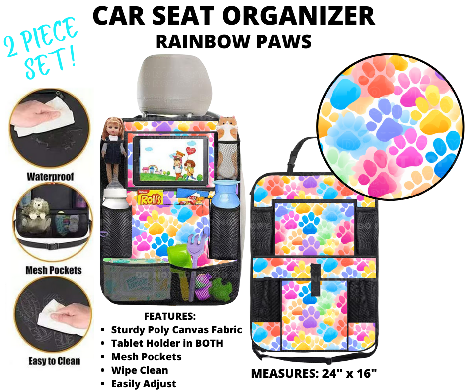 Preorder! Closes 1/2. ETA March. Rainbow Paws Car Seat Organizer 2 Piece Set