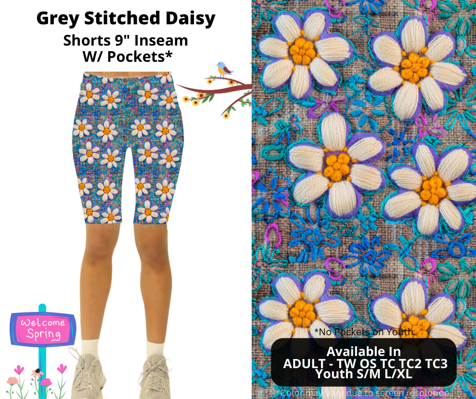 Preorder! Closes 1/22. ETA April. Grey Stitched Daisy Jamaica Shorts w/wo Pockets