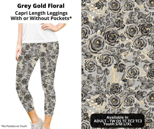 Grey Gold Floral Capri Length Leggings w/ Pockets