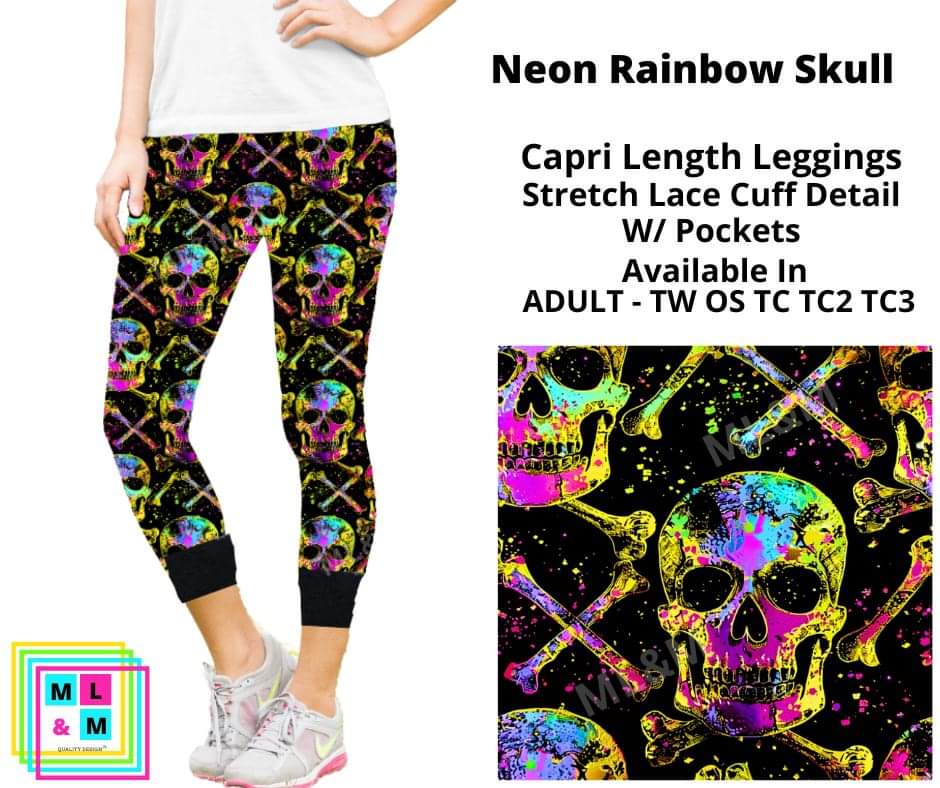 Neon Rainbow Skull Lace Cuff Capris w/ Pockets