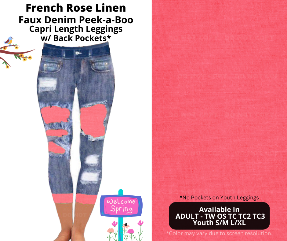 Preorder! Closes 1/13. ETA April. French Rose Linen Capri Faux Denim Peekaboo