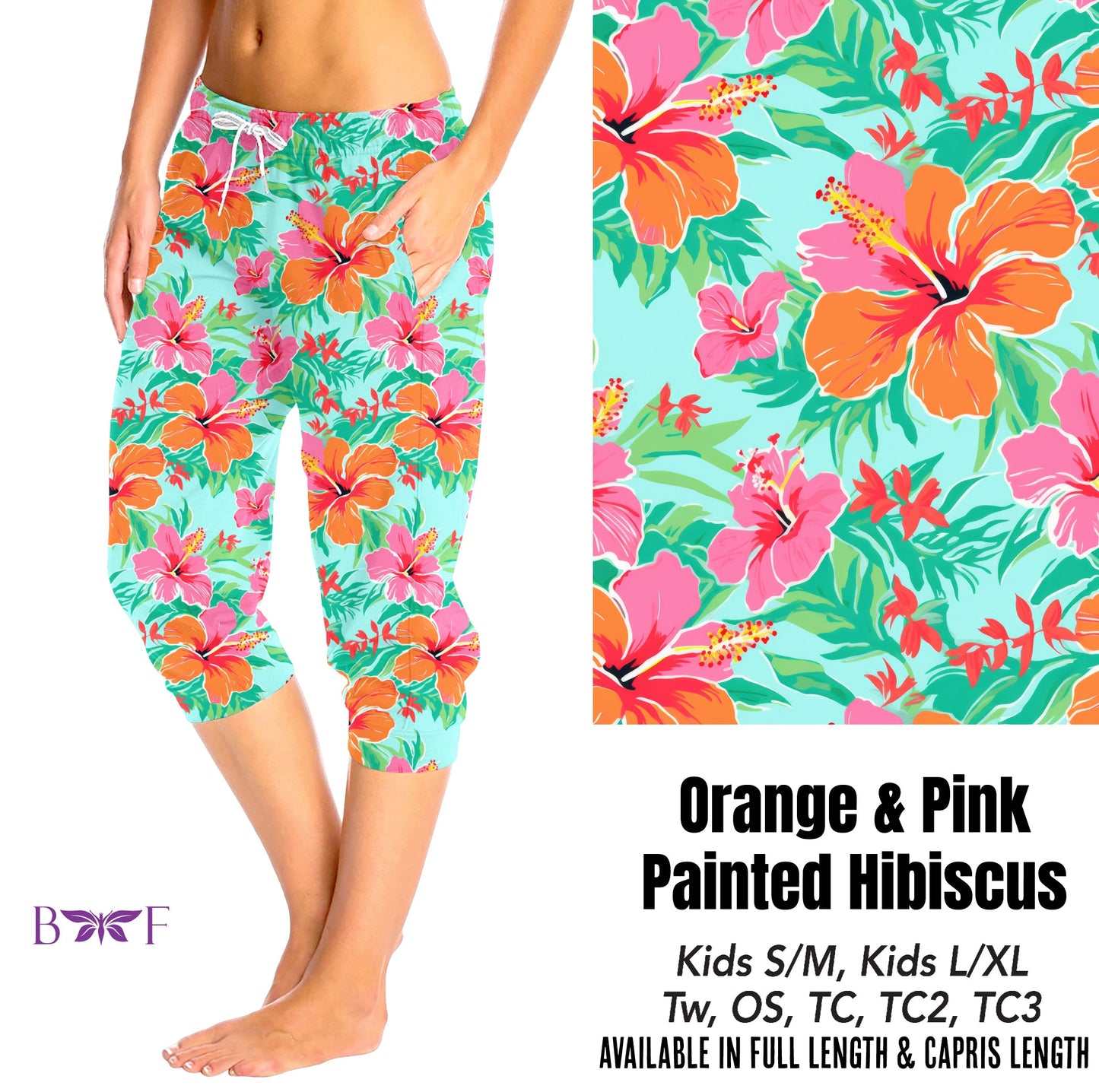 Orange and pink painted hibiscus capris, shorts and skorts with pockets