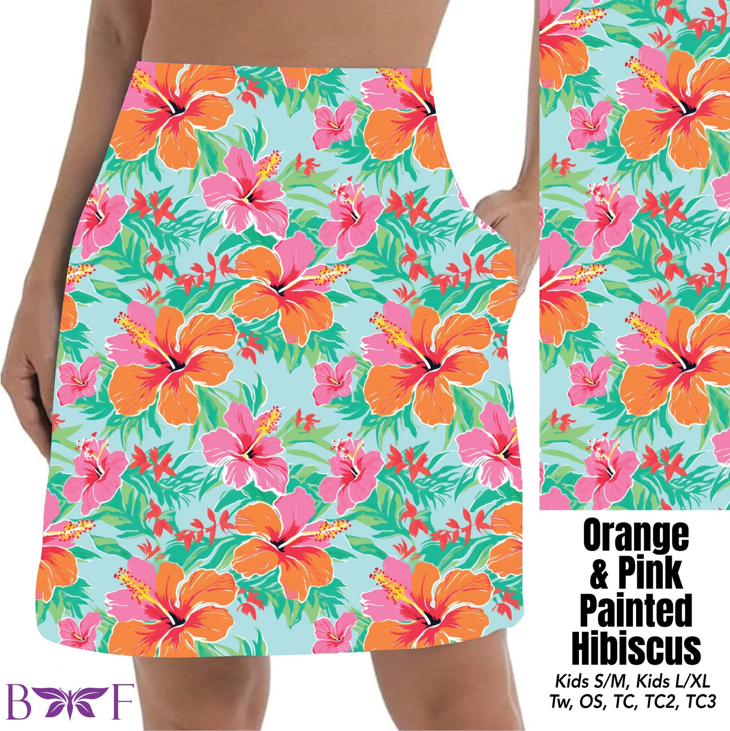 Orange and pink painted hibiscus capris, shorts and skorts with pockets