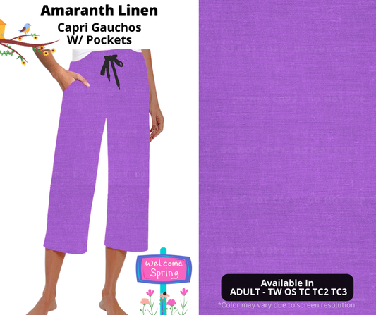 Preorder! Closes 1/8. ETA April. Amaranth Linen Capri Gauchos