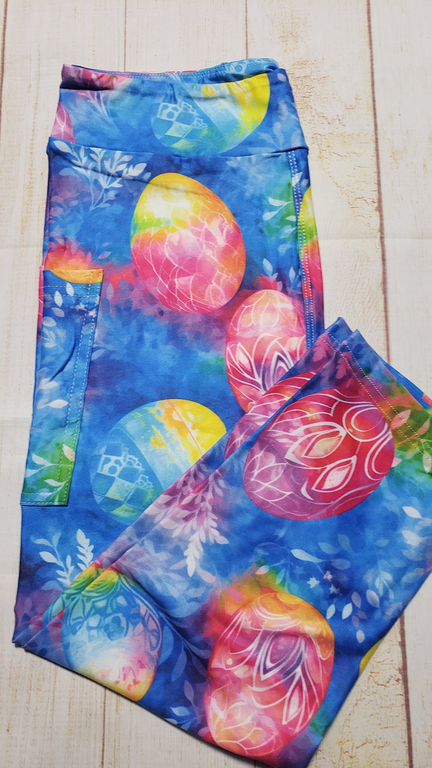 Bright tie dye easter eggs capris leggings and skorts with pockets