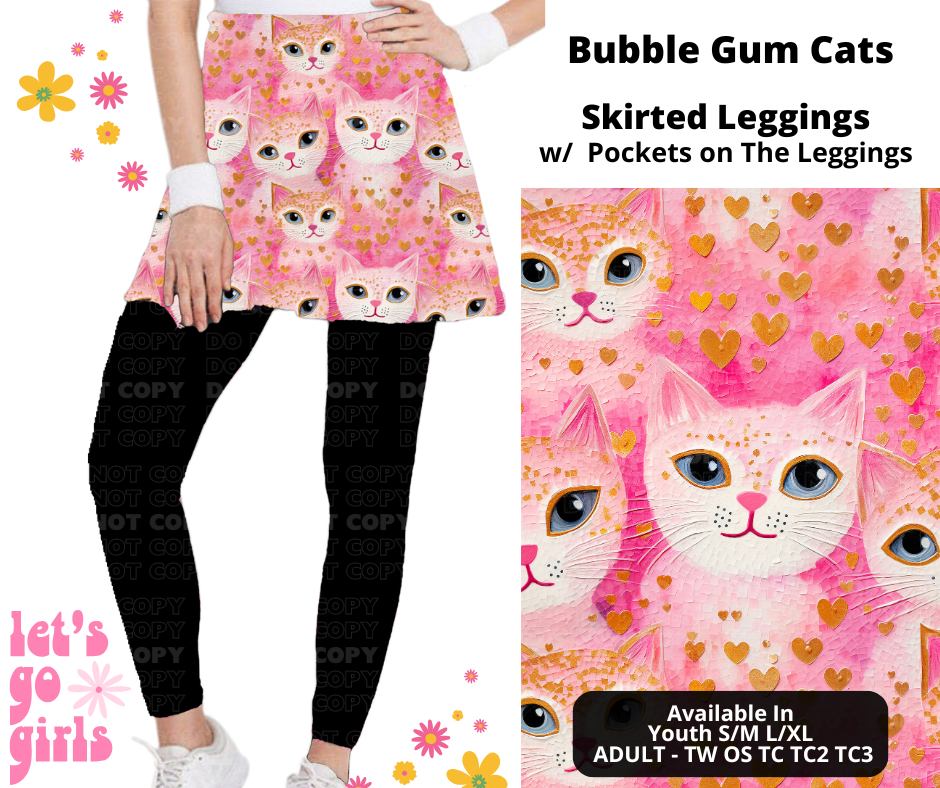 Preorder! Closes 12/16. ETA Feb. Bubble Gum Cats Skirted Full Length Leggings w/ Pockets